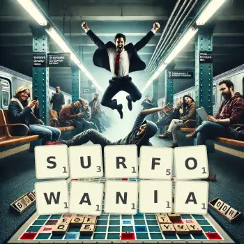 Kreatywna ilustracja do gry w Scrabble ze słowem SURFOWANIA ułożonym z płytek na planszy.