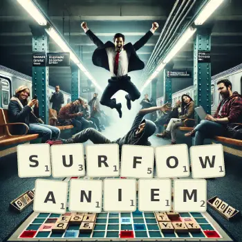 Kreatywna ilustracja do gry w Scrabble ze słowem SURFOWANIEM ułożonym z płytek na planszy.