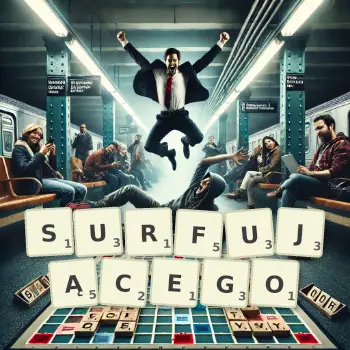 Kreatywna ilustracja do gry w Scrabble ze słowem SURFUJĄCEGO ułożonym z płytek na planszy.