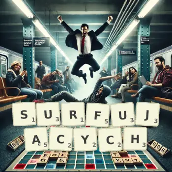 Kreatywna ilustracja do gry w Scrabble ze słowem SURFUJĄCYCH ułożonym z płytek na planszy.