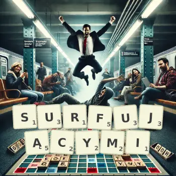 Kreatywna ilustracja do gry w Scrabble ze słowem SURFUJĄCYMI ułożonym z płytek na planszy.