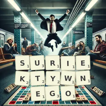 Kreatywna ilustracja do gry w Scrabble ze słowem SURIEKTYWNEGO ułożonym z płytek na planszy.