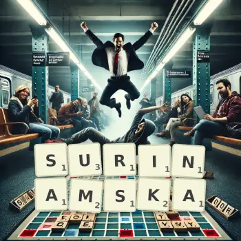 Kreatywna ilustracja do gry w Scrabble ze słowem SURINAMSKA ułożonym z płytek na planszy.