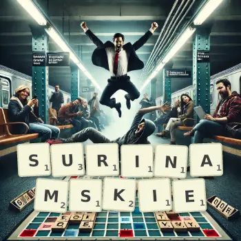 Kreatywna ilustracja do gry w Scrabble ze słowem SURINAMSKIE ułożonym z płytek na planszy.