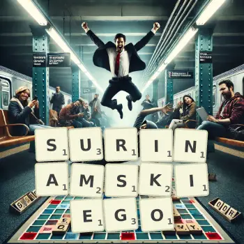 Kreatywna ilustracja do gry w Scrabble ze słowem SURINAMSKIEGO ułożonym z płytek na planszy.