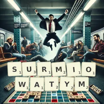 Kreatywna ilustracja do gry w Scrabble ze słowem SURMIOWATYM ułożonym z płytek na planszy.