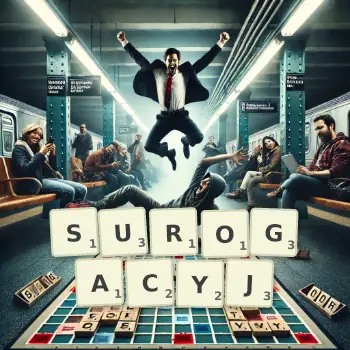 Kreatywna ilustracja do gry w Scrabble ze słowem SUROGACYJ ułożonym z płytek na planszy.