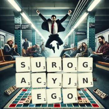 Kreatywna ilustracja do gry w Scrabble ze słowem SUROGACYJNEGO ułożonym z płytek na planszy.