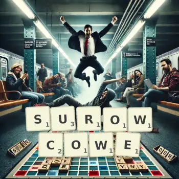 Kreatywna ilustracja do gry w Scrabble ze słowem SUROWCOWE ułożonym z płytek na planszy.