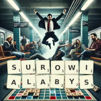 Kreatywna ilustracja do gry w Scrabble ze słowem SUROWIALABYS ułożonym z płytek na planszy.