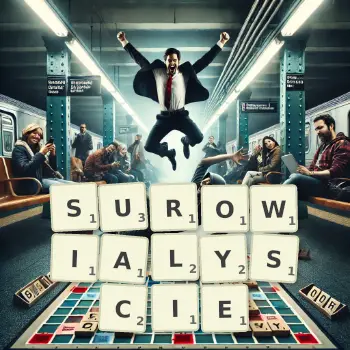 Kreatywna ilustracja do gry w Scrabble ze słowem SUROWIALYSCIE ułożonym z płytek na planszy.