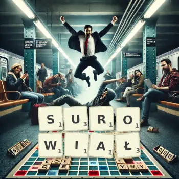 Kreatywna ilustracja do gry w Scrabble ze słowem SUROWIAŁ ułożonym z płytek na planszy.