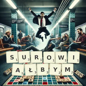 Kreatywna ilustracja do gry w Scrabble ze słowem SUROWIAŁBYM ułożonym z płytek na planszy.