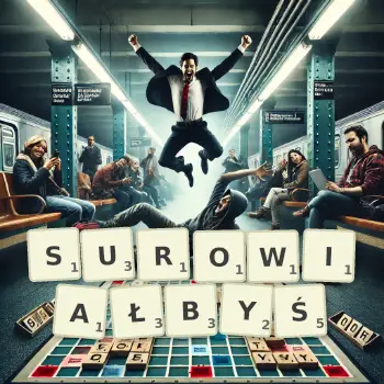 Kreatywna ilustracja do gry w Scrabble ze słowem SUROWIAŁBYŚ ułożonym z płytek na planszy.