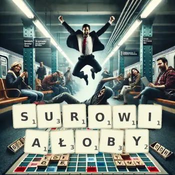 Kreatywna ilustracja do gry w Scrabble ze słowem SUROWIAŁOBY ułożonym z płytek na planszy.