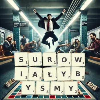 Kreatywna ilustracja do gry w Scrabble ze słowem SUROWIAŁYBYŚMY ułożonym z płytek na planszy.
