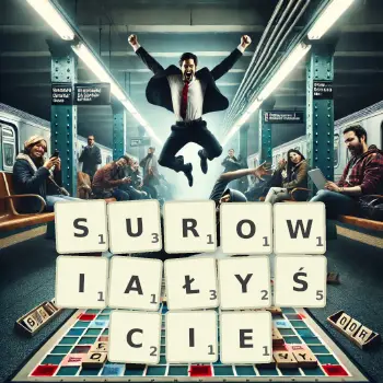 Kreatywna ilustracja do gry w Scrabble ze słowem SUROWIAŁYŚCIE ułożonym z płytek na planszy.