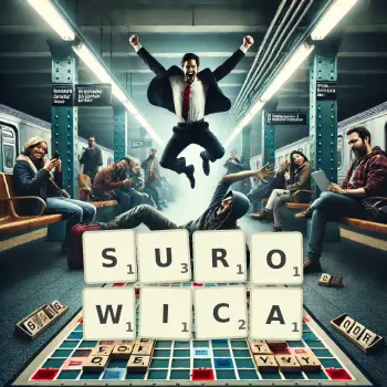 Kreatywna ilustracja do gry w Scrabble ze słowem SUROWICA ułożonym z płytek na planszy.