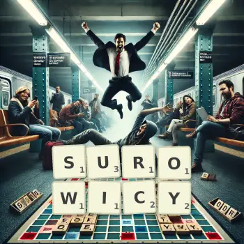 Kreatywna ilustracja do gry w Scrabble ze słowem SUROWICY ułożonym z płytek na planszy.