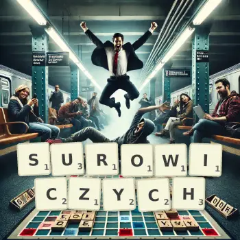 Kreatywna ilustracja do gry w Scrabble ze słowem SUROWICZYCH ułożonym z płytek na planszy.
