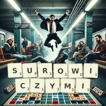 Kreatywna ilustracja do gry w Scrabble ze słowem SUROWICZYMI ułożonym z płytek na planszy.