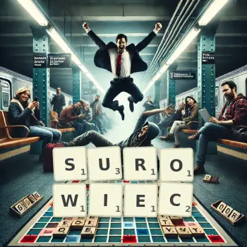 Kreatywna ilustracja do gry w Scrabble ze słowem SUROWIEC ułożonym z płytek na planszy.