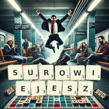 Kreatywna ilustracja do gry w Scrabble ze słowem SUROWIEJESZ ułożonym z płytek na planszy.