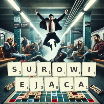 Kreatywna ilustracja do gry w Scrabble ze słowem SUROWIEJĄCA ułożonym z płytek na planszy.