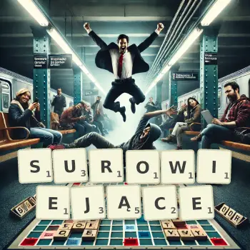 Kreatywna ilustracja do gry w Scrabble ze słowem SUROWIEJĄCE ułożonym z płytek na planszy.