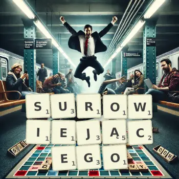 Kreatywna ilustracja do gry w Scrabble ze słowem SUROWIEJĄCEGO ułożonym z płytek na planszy.