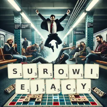 Kreatywna ilustracja do gry w Scrabble ze słowem SUROWIEJĄCY ułożonym z płytek na planszy.
