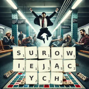 Kreatywna ilustracja do gry w Scrabble ze słowem SUROWIEJĄCYCH ułożonym z płytek na planszy.