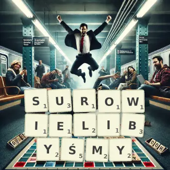 Kreatywna ilustracja do gry w Scrabble ze słowem SUROWIELIBYŚMY ułożonym z płytek na planszy.