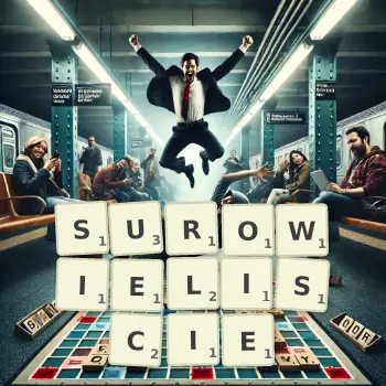 Kreatywna ilustracja do gry w Scrabble ze słowem SUROWIELISCIE ułożonym z płytek na planszy.