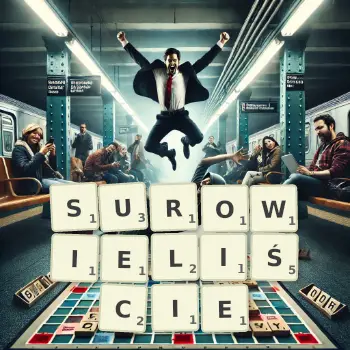 Kreatywna ilustracja do gry w Scrabble ze słowem SUROWIELIŚCIE ułożonym z płytek na planszy.