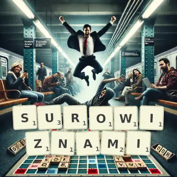Kreatywna ilustracja do gry w Scrabble ze słowem SUROWIZNAMI ułożonym z płytek na planszy.