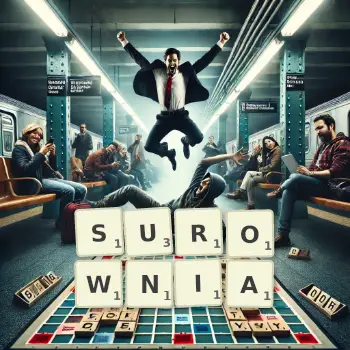 Kreatywna ilustracja do gry w Scrabble ze słowem SUROWNIA ułożonym z płytek na planszy.