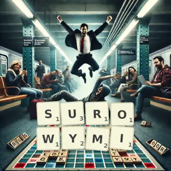 Kreatywna ilustracja do gry w Scrabble ze słowem SUROWYMI ułożonym z płytek na planszy.