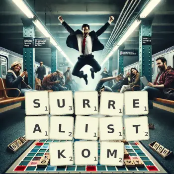 Kreatywna ilustracja do gry w Scrabble ze słowem SURREALISTKOM ułożonym z płytek na planszy.