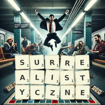 Kreatywna ilustracja do gry w Scrabble ze słowem SURREALISTYCZNE ułożonym z płytek na planszy.