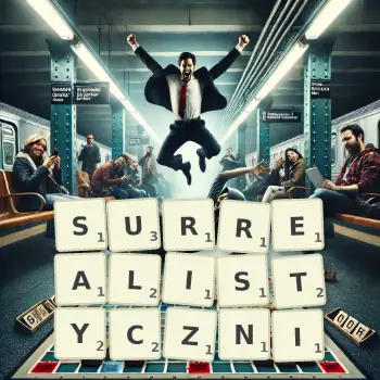 Kreatywna ilustracja do gry w Scrabble ze słowem SURREALISTYCZNI ułożonym z płytek na planszy.