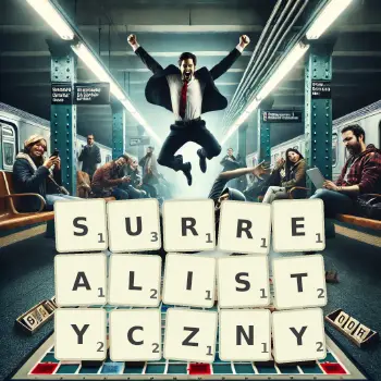Kreatywna ilustracja do gry w Scrabble ze słowem SURREALISTYCZNY ułożonym z płytek na planszy.