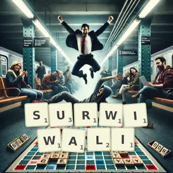 Kreatywna ilustracja do gry w Scrabble ze słowem SURWIWALI ułożonym z płytek na planszy.