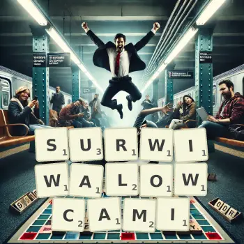 Kreatywna ilustracja do gry w Scrabble ze słowem SURWIWALOWCAMI ułożonym z płytek na planszy.