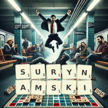 Kreatywna ilustracja do gry w Scrabble ze słowem SURYNAMSKI ułożonym z płytek na planszy.