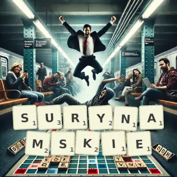 Kreatywna ilustracja do gry w Scrabble ze słowem SURYNAMSKIE ułożonym z płytek na planszy.