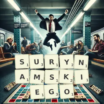 Kreatywna ilustracja do gry w Scrabble ze słowem SURYNAMSKIEGO ułożonym z płytek na planszy.