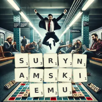 Kreatywna ilustracja do gry w Scrabble ze słowem SURYNAMSKIEMU ułożonym z płytek na planszy.
