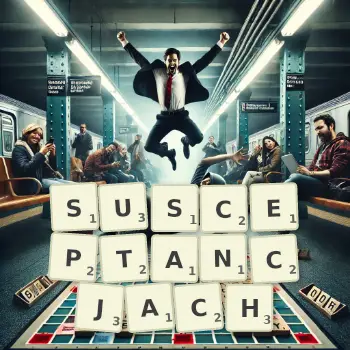 Kreatywna ilustracja do gry w Scrabble ze słowem SUSCEPTANCJACH ułożonym z płytek na planszy.