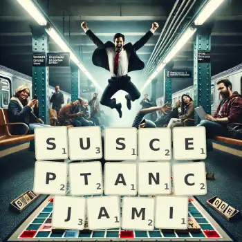 Kreatywna ilustracja do gry w Scrabble ze słowem SUSCEPTANCJAMI ułożonym z płytek na planszy.